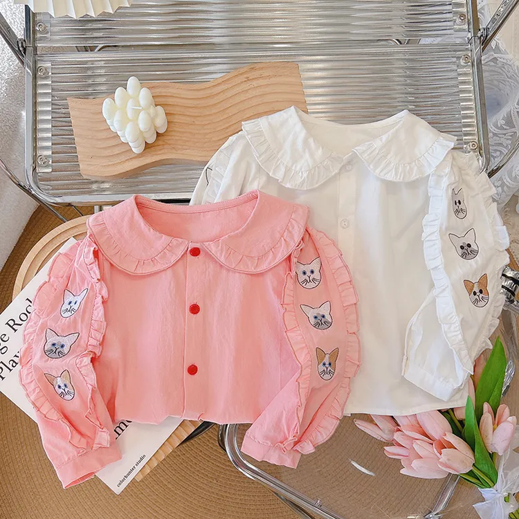 春秋新款纯棉刺绣甜美女童衬衣衬衫长袖宝宝娃娃领春秋儿童长袖潮