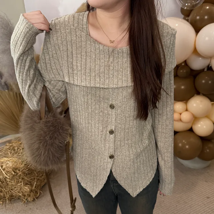 盈盈&南岛风大码女装一字肩拼接方领针织衫胖mm绒感上衣ZYY1273