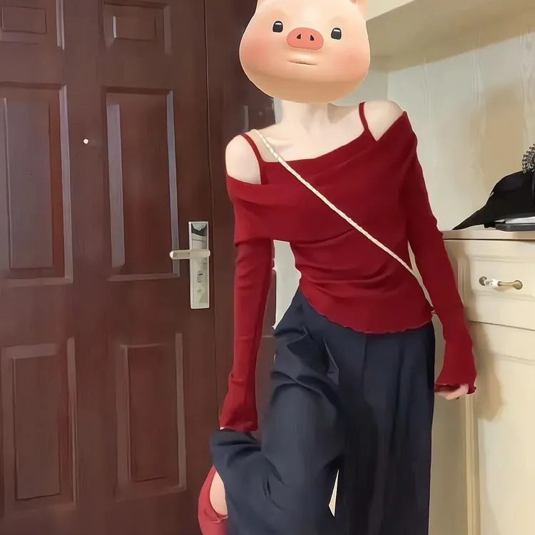 韩系辣妹一字肩长袖针织衫女秋季假两件别致修身绝美露肩打底上衣