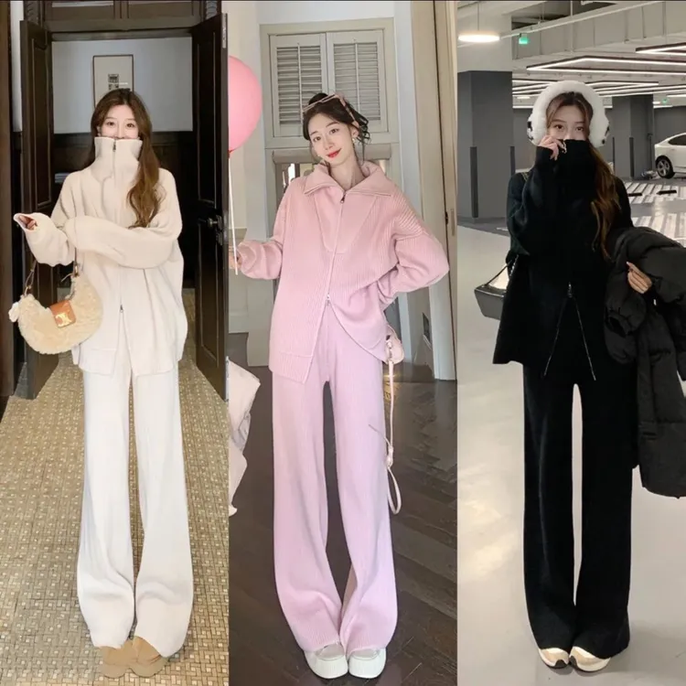 【加绒加厚】秋冬款休闲宽松慵懒时尚针织开衫阔腿裤两件套上衣