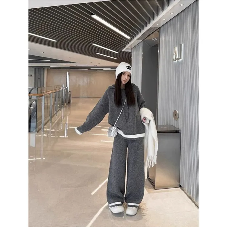 宽松休闲慵懒风款式连帽毛织套装女春秋显瘦运动上衣+裤子两件套