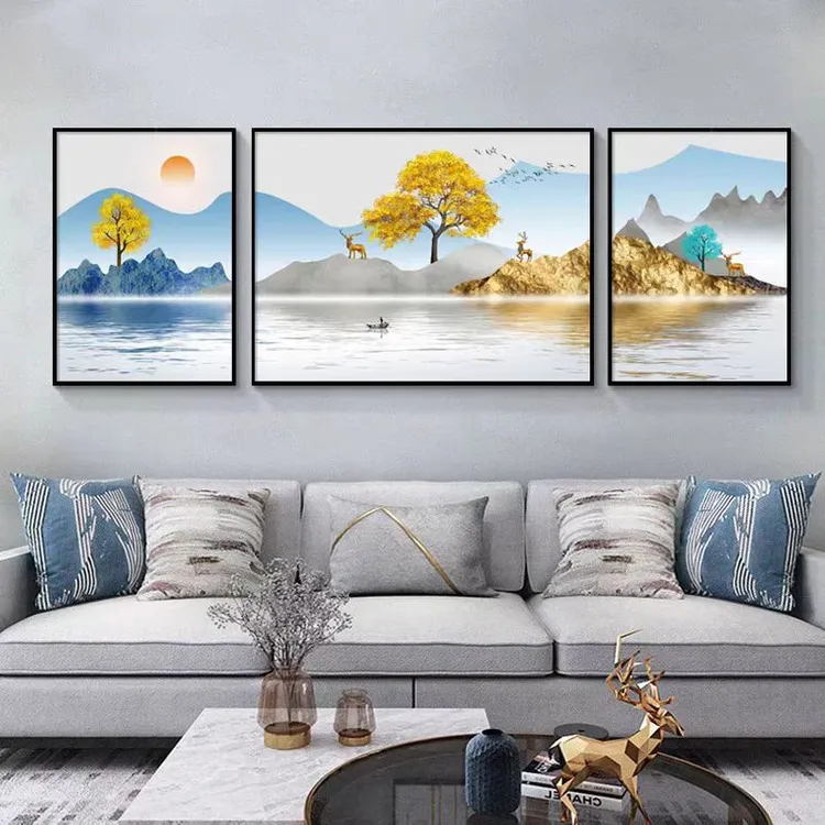 客厅装饰画新中式沙发背景墙挂画轻奢明朗气质三联画山水画壁画