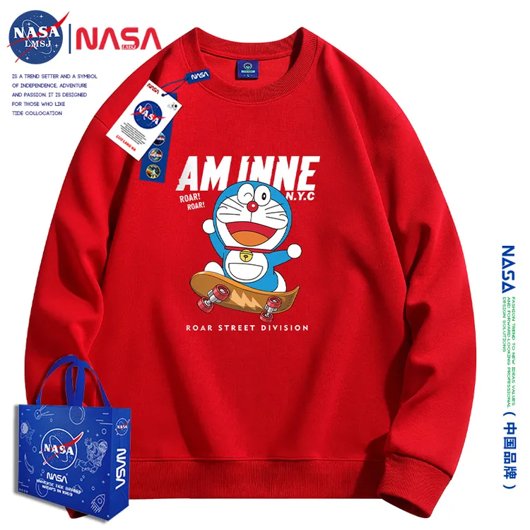 NASA潮牌红色加绒圆领卫衣男女同款秋冬时尚百搭学生套头保暖外套