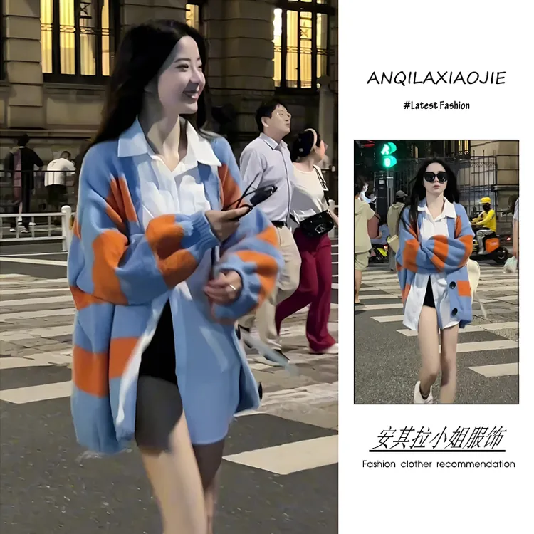 2024年秋冬韩系时尚潮流百搭精品女装双拼色毛衣衬衫短裤洋气套装