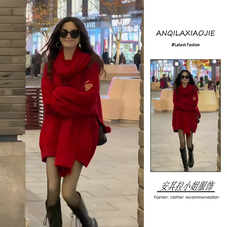 2024年冬季圣诞节新年时尚潮流百搭精品女装宽松毛衣围巾两件套女