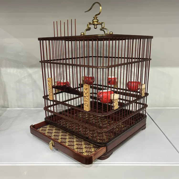 豪华老挝大红酸枝鸟笼高档木制红子贝子绣眼玉鸟笼带抽屉鸟笼大全