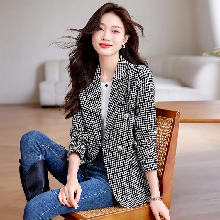 时尚格子长袖西装外套女秋季2024春秋装新款气质通勤开衫女士上衣