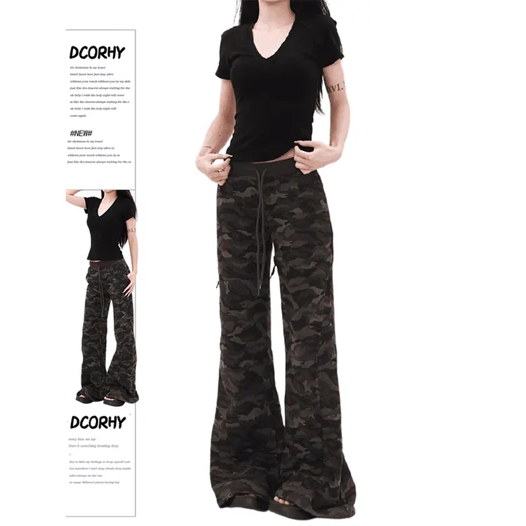 美式复古微喇休闲裤女秋冬2025年新款高腰垂感显瘦阔腿迷彩长裤子