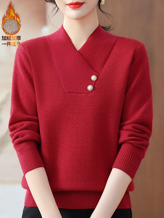 2024冬季保暖加绒加厚一体绒毛衣女冬季洋气女士交叉领打底衫