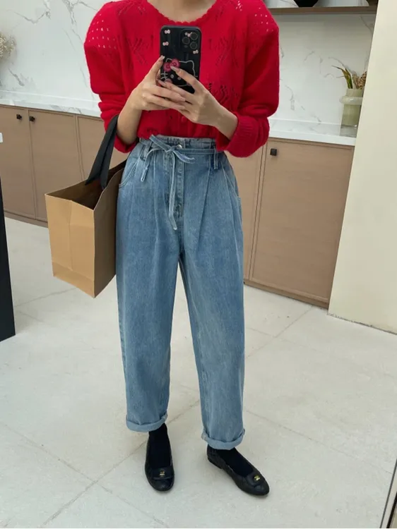 百搭时尚简约半松紧水洗牛仔裤显瘦复古萝卜裤