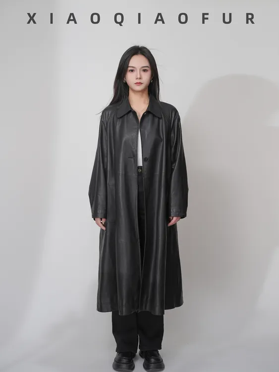 进口植鞣羊皮风衣长款女装阔版真皮绵羊皮过膝宽松外套真皮大衣