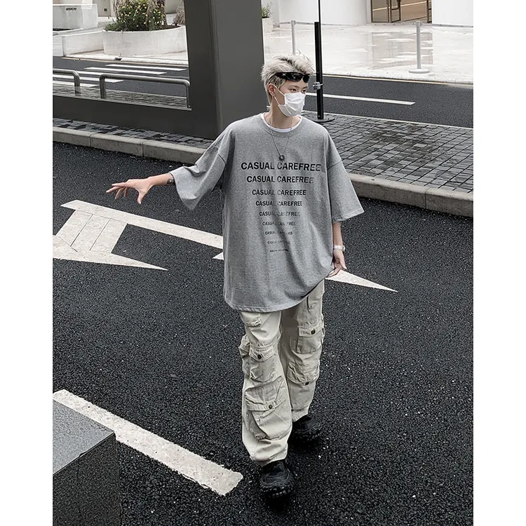 男士T恤短袖夏季重磅美式高街上衣男青少年圆领宽松潮流五分袖T恤