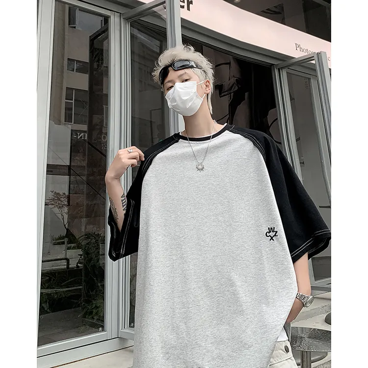 美式插肩袖短袖男夏季大码潮牌黑白拼接半截袖高级感纯棉圆领T恤