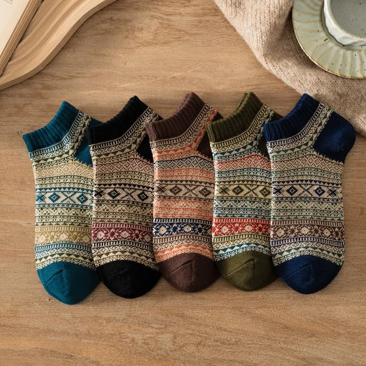 民族风袜子男士秋冬短袜针织复古日系短款潮流低帮工装薄矮腰短筒