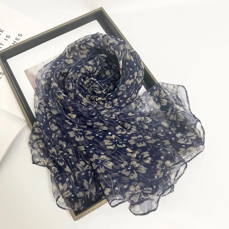 【藏青四叶草】杭州桑蚕丝丝巾薄款纱巾气质百搭女士丝绸围巾长巾