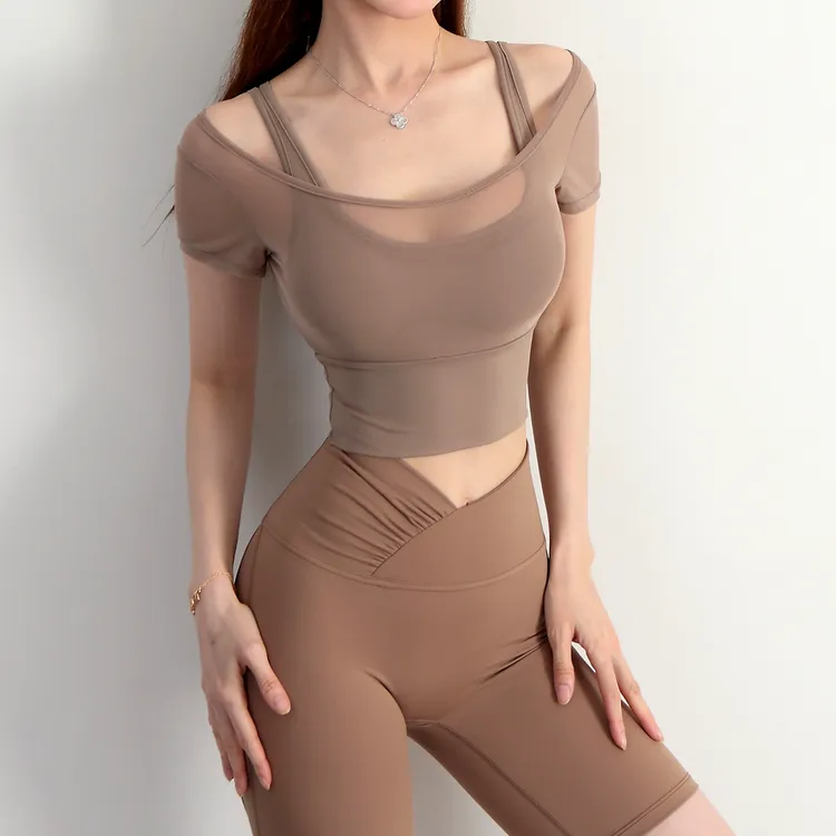 气质新款瑜伽服网纱短袖透气假两件含胸垫紧身上衣运动跑步健身服