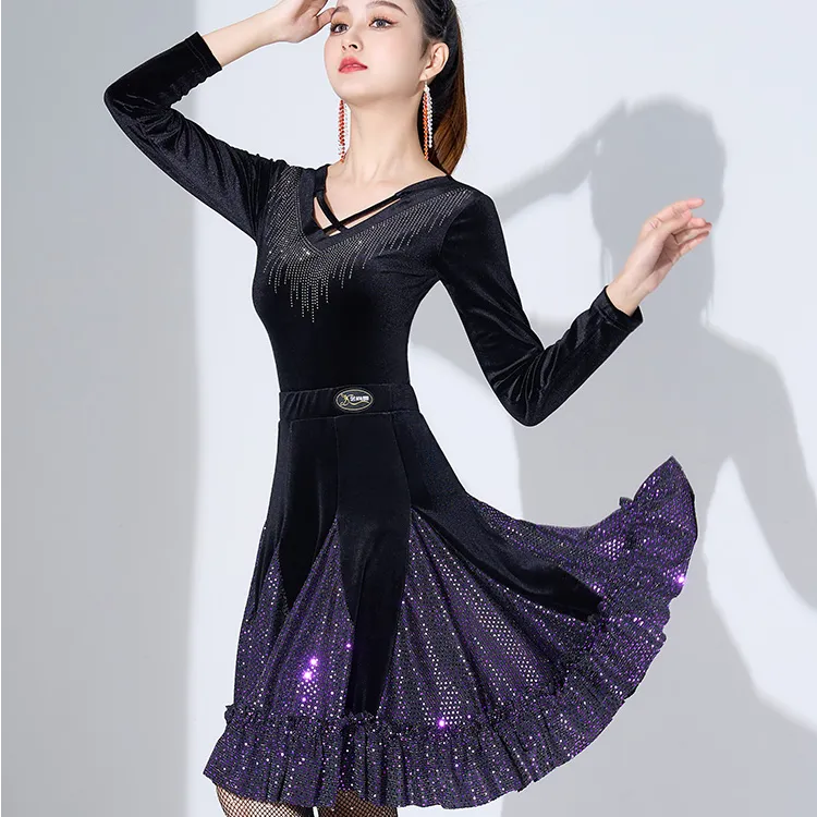 艺尚舞新款广场舞服装舞蹈裙丝绒拉丁舞裙交谊舞优雅半身裙1808