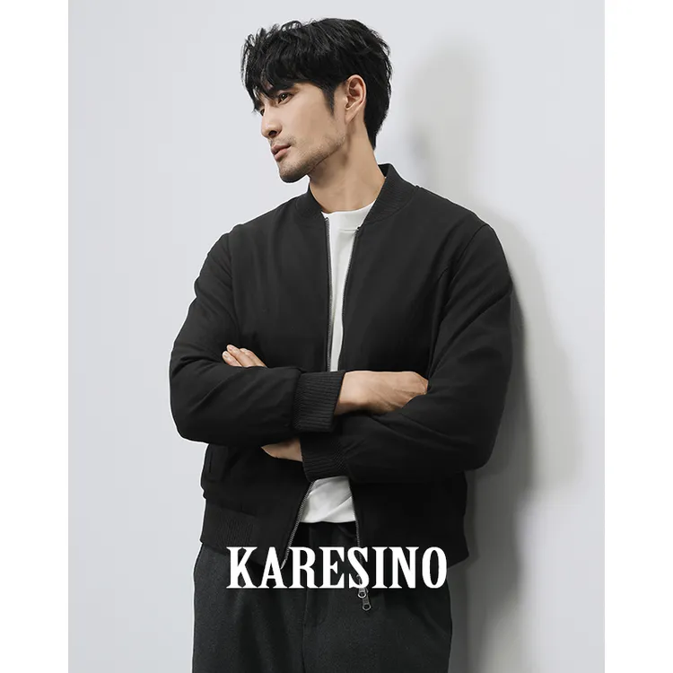 KARESINO秋季男士休闲百搭双拉链棒球领纯色羊毛短款夹克男款外套
