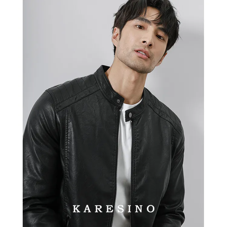 KARESINO美式休闲潮流立领PU软皮衣男士机车骑行服黑色夹克外套男