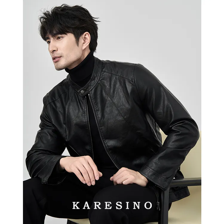 KARESINO秋冬美式休闲百搭立领PU软皮衣男士休闲机车服皮夹克外套