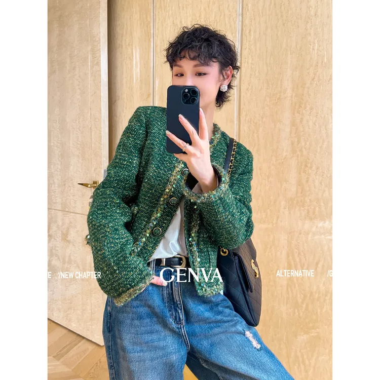 玖着-"祖母绿"重磅意大利进口羊毛粗花呢/纯手钩亮片花边香风外套