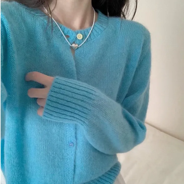 百搭薄款彩扣100%纯羊毛开衫女针织毛衣外套纯色长袖简约宽松上衣
