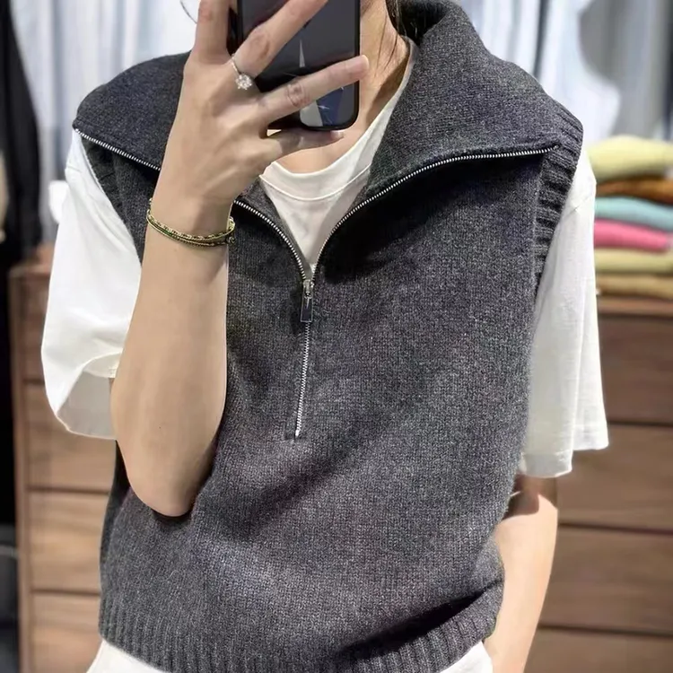 休闲百搭时尚100%纯羊毛无袖背心女秋冬新款半开拉链高领宽松马甲