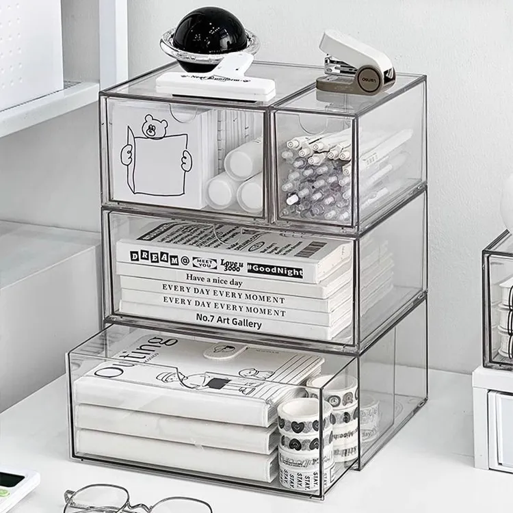 桌面亚克力收纳盒抽屉式透明书桌文具整理盒学生宿舍办公室置物架