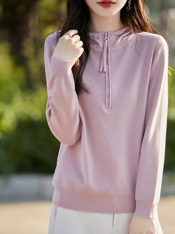 秋冬连帽针织衫女半拉链休闲长袖套头打底衫春秋显瘦时尚运动毛衣