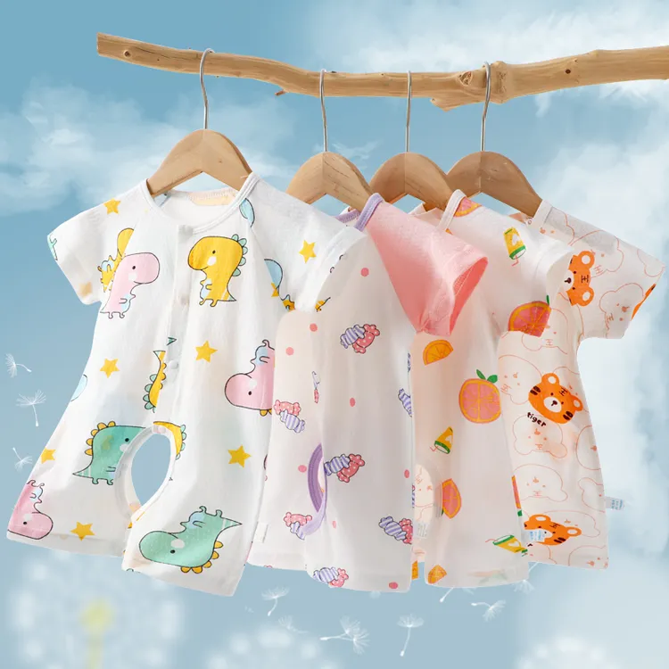 男女宝宝夏天连体衣婴儿纯棉开裆透气薄款爬服新生儿清新短袖哈衣