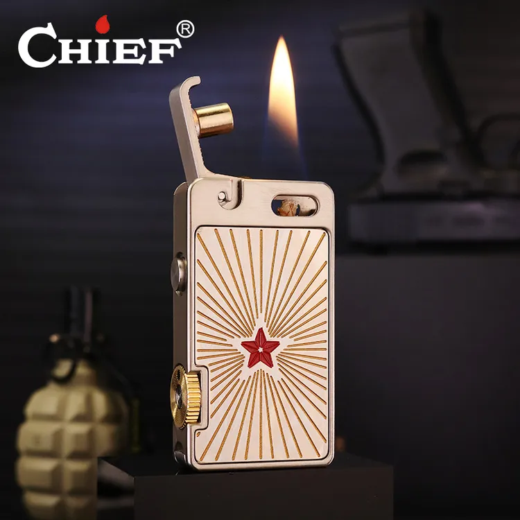 新款中国风红五星爱斯普里5代打火机不锈钢贴片一键弹射油机