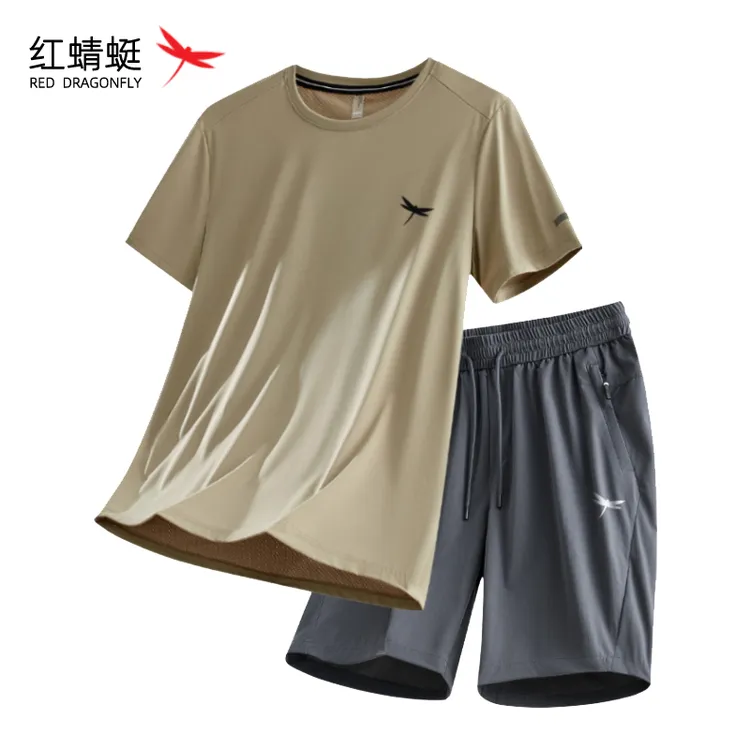  红蜻蜓冰丝短袖T恤短裤两件套男夏季中老年爸爸速干运动休闲套装