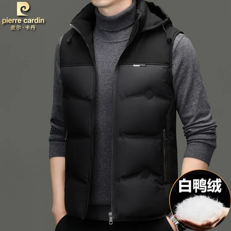 皮尔卡丹高端男士羽绒马甲2025冬季新款带帽羽绒服背心大气外套衣