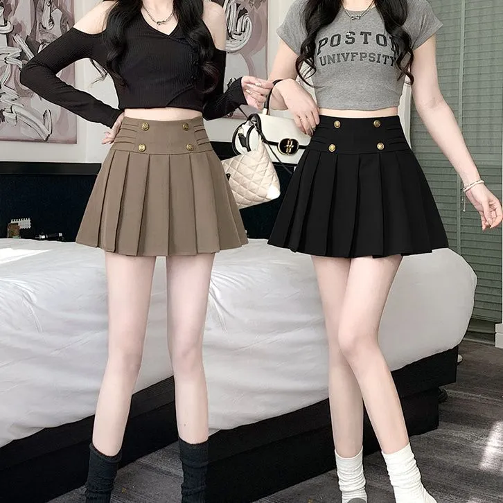 西装半身裙夏季2025新款高腰显瘦A字裙学院风百褶裙复古排扣短裙
