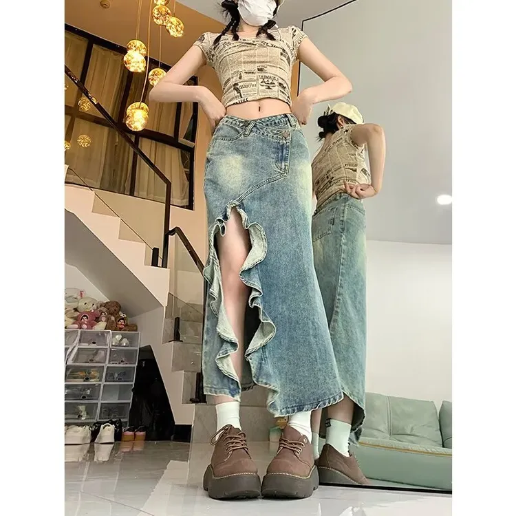 复古高腰开叉牛仔半身裙女爆款2024新款不规则中长款牛仔包臀裙子
