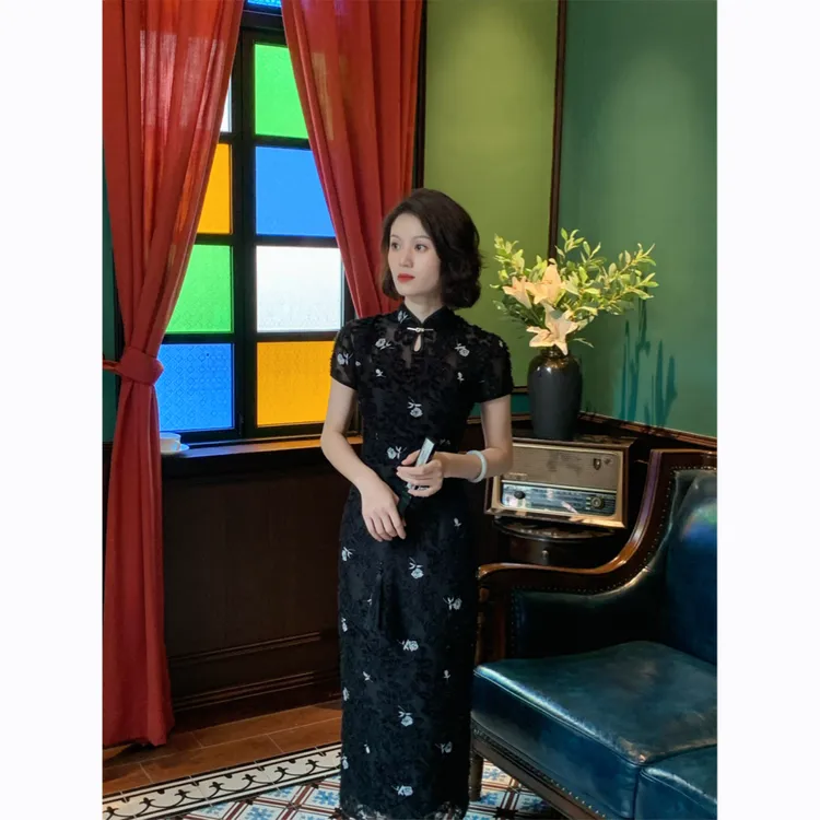 彩彩家【梦华】气质复古碎花水滴领显瘦中长款日常修身改良式旗袍