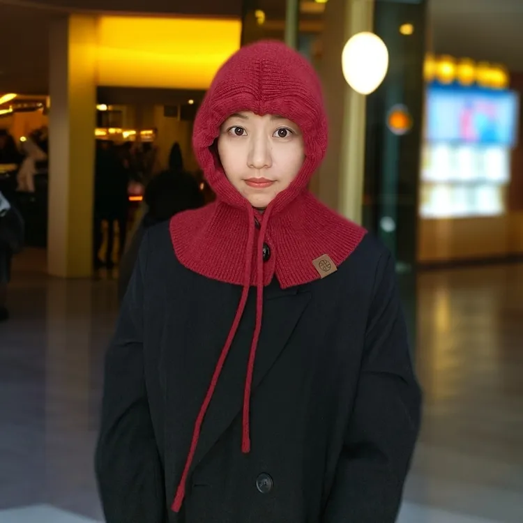 2024纯色毛线帽子围脖一体女秋冬加厚针织连帽围巾