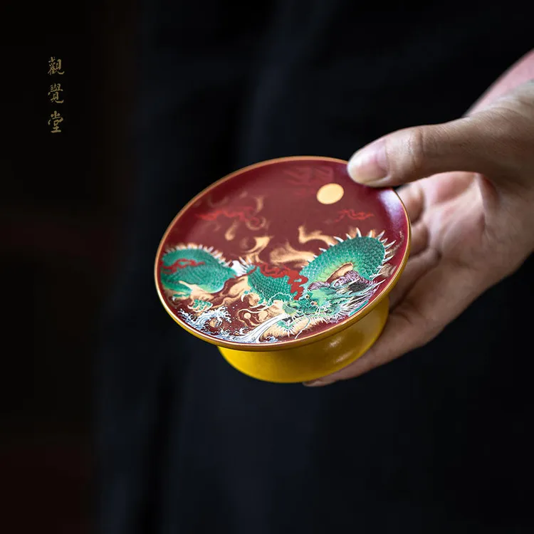 观觉堂黄釉描金绿龙8#盖置高端茶配件陶瓷手绘功夫茶具茶道茶器