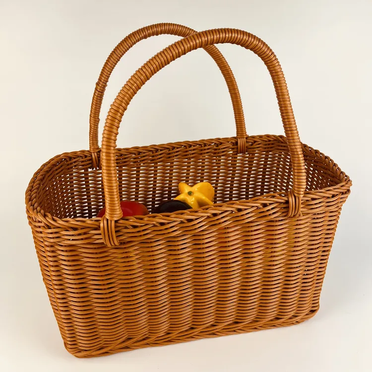 棕色手提菜篮子实用蓝仿藤编织超市购物篮网红野餐篮澡堂拎包收纳