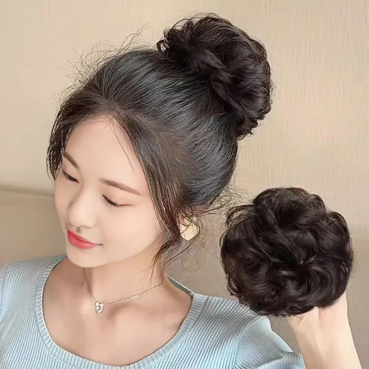 丸子头花头发圈仿真发假发盘发低丸子头花卷发圈假发假发片头顶