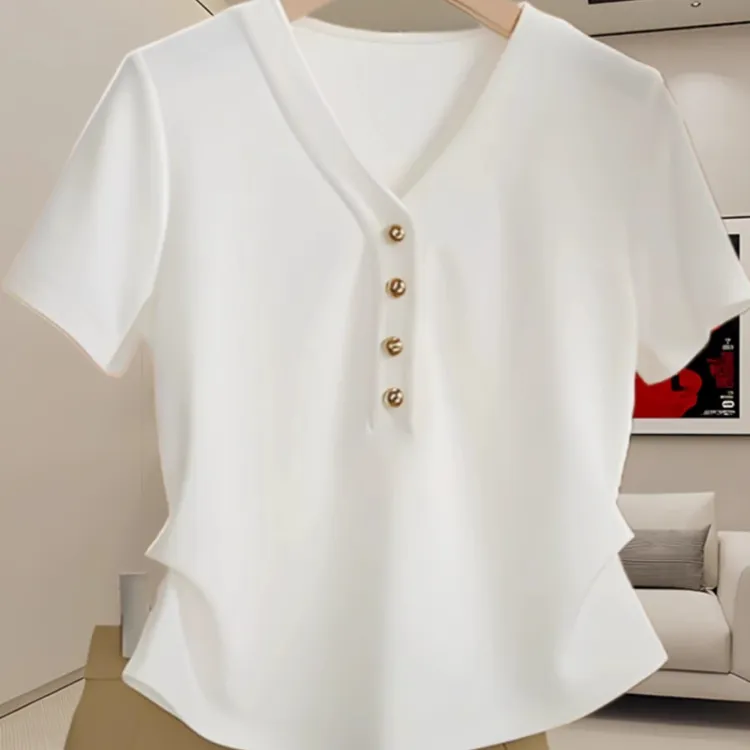 白色正肩短袖t恤女2025夏季新款v领轻奢收腰小衫时尚洋气大码上衣