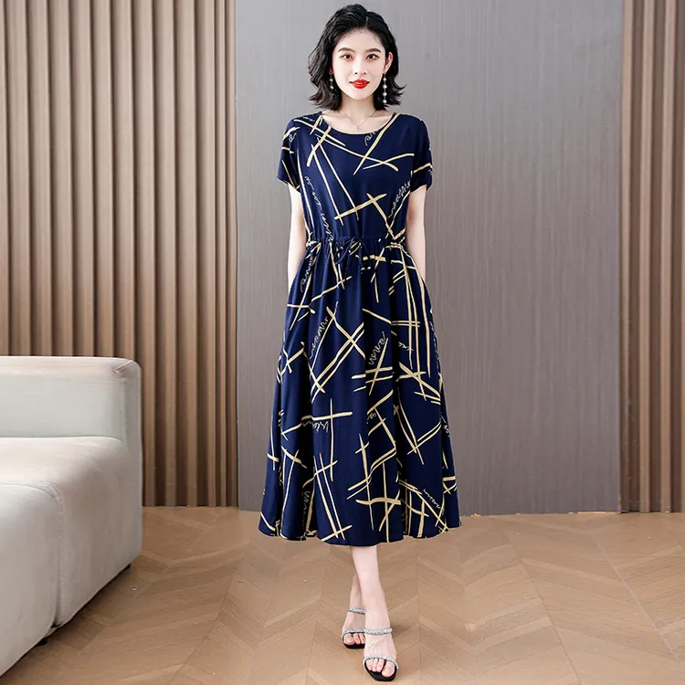 棉绸连衣裙夏季女新款收腰显瘦中老年妈妈装过膝碎花大码短袖睡裙