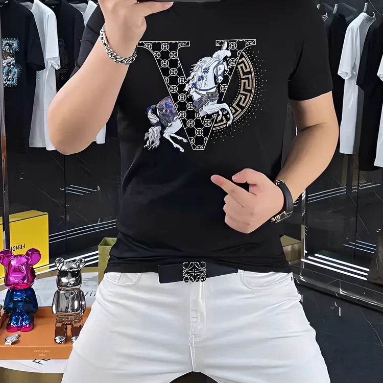 轻奢潮牌冰丝丝光棉男士短袖T恤夏季2024新款潮流修身半袖体恤男