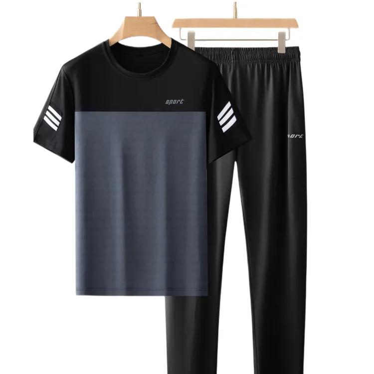 爸爸夏装套装冰丝中老年人运动套装男士夏季短袖T恤衣服夏天套装