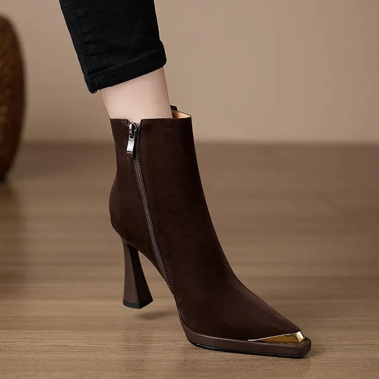 修悦手工靴高跟小个子法式英伦风时装靴金属尖头秋冬短靴加绒