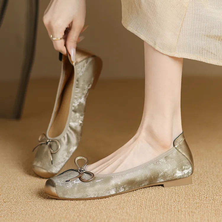 优雅国风女鞋2025新款软底妈妈鞋温柔蝴蝶结芭蕾舞鞋真皮平底单鞋