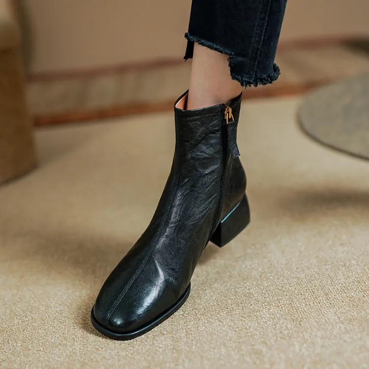 羊皮马丁靴女简约方头职业通勤粗跟小短靴百搭中跟显脚小春秋单靴