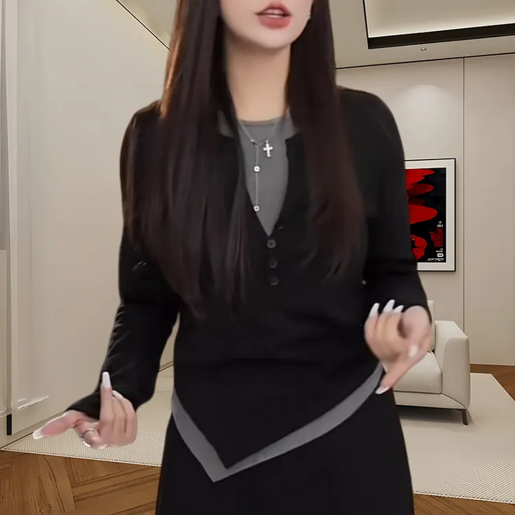 冬季厚款假两件上衣打底衫女2024新款撞色拼接气质时尚圆领小衫