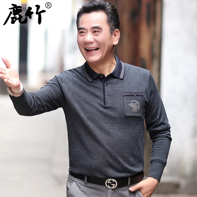 2025春秋新款爸爸装针织长袖t恤男中老年人男士休闲上衣服真口袋