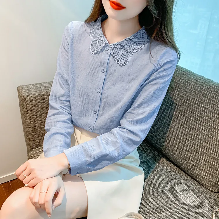 春秋季2025年新款时尚娃娃领提花纯棉衬衫女气质百搭薄款长袖衬衣